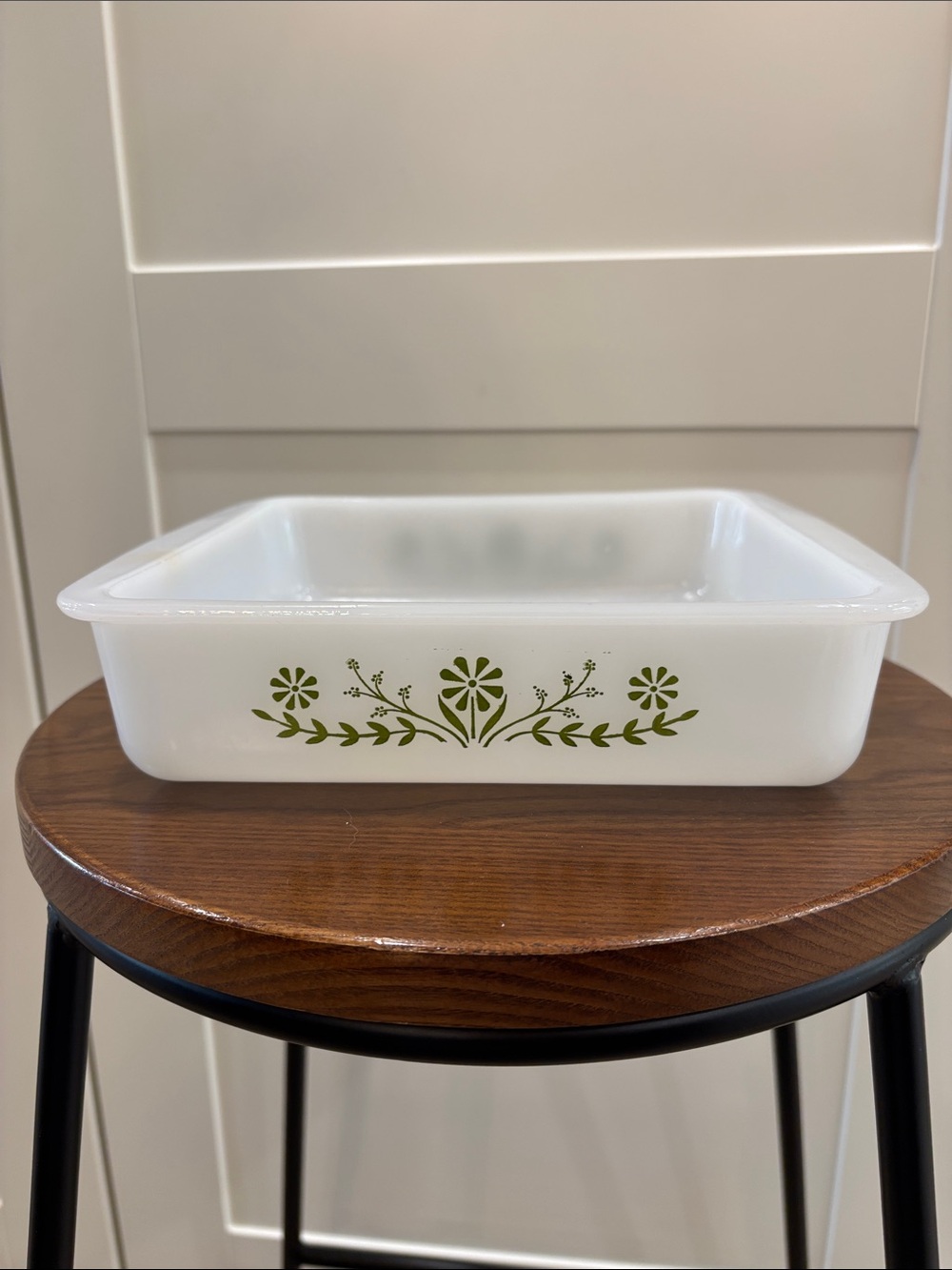 Vintage Glasbake White Glass Bake Dish with Green Floral Pattern